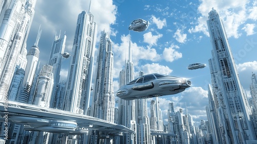 Futuristic cityscape with sleek hovercrafts flying amidst towering skyscrapers and advanced architecture under a bright sky photo