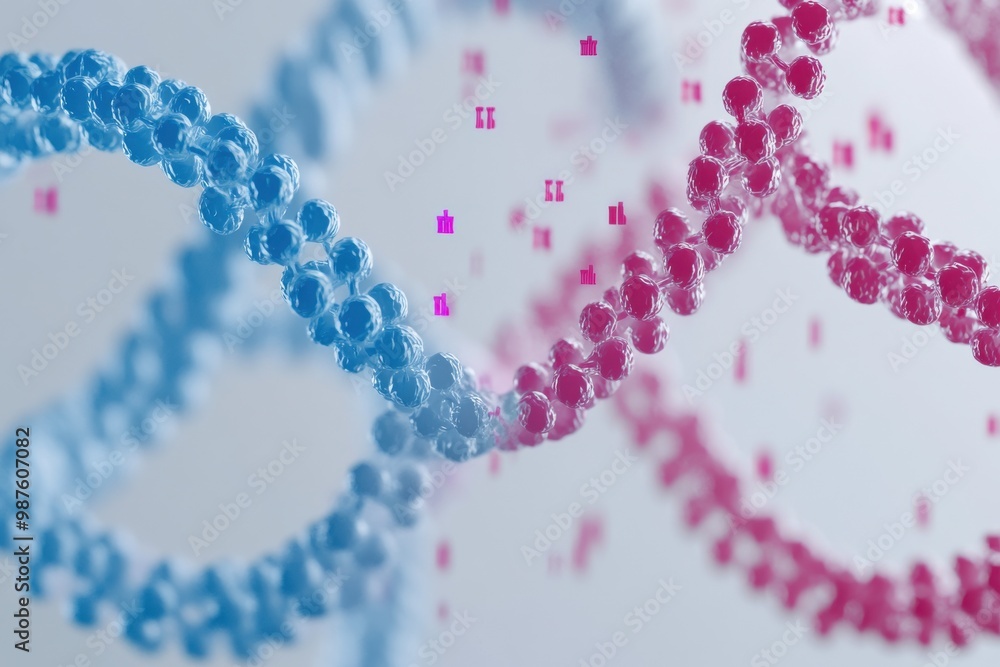 Close-up of two DNA strands in blue and red with infinity symbols, symbolizing genetic connections and scientific exploration Close-up of two DNA strands in blue and red with infinity symbols, symbolizing genetic connections and scientific exploration