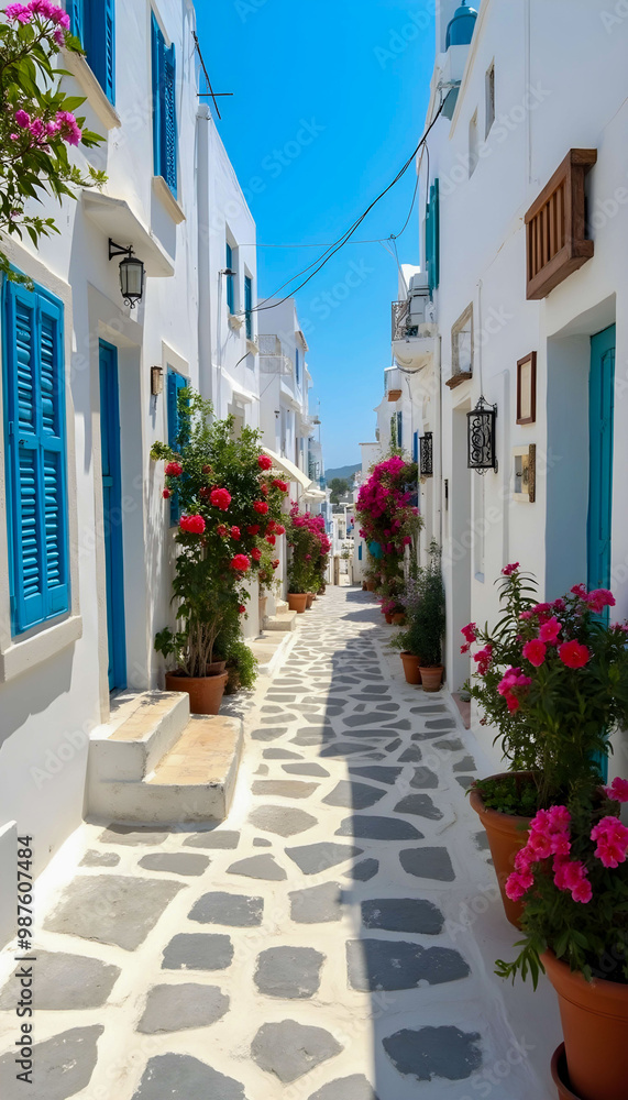 Fototapeta premium A narrow street in Mykonos, Greece, lined with iconic whitewashed buildings featuring blue doors and windows, with vibrant flowers cascading from balconies under the bright Mediterranean sun