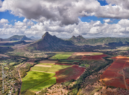 Beautiful view of the mountains and fields of Mauritius island