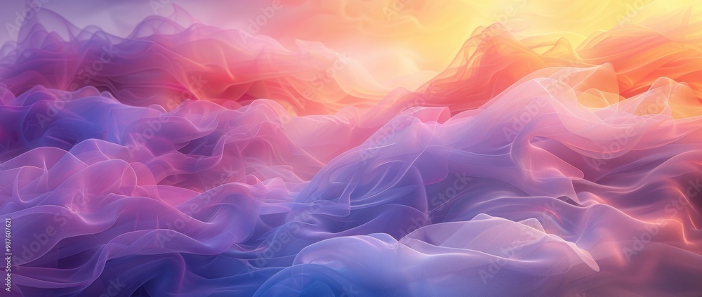 Fototapeta premium Ethereal waves of colorful fabric flowing softly in hues of pink, purple, and orange, creating a dreamy, abstract background