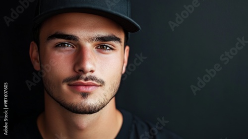 Portrait of a young handsome trendy man wearing a cap of black color. with copy space