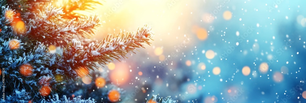 Snowy pine branches with golden lights glowing in a soft winter sunset. Snowy pine branches with golden lights glowing in a soft winter sunset.