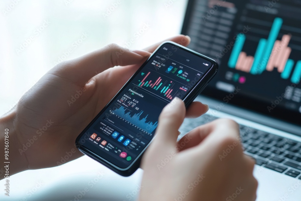 Close-up of hands using a mobile app for financial analysis with laptop displaying charts in the background Close-up of hands using a mobile app for financial analysis with laptop displaying charts in the background