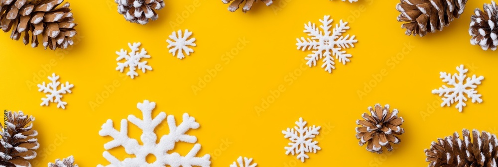 Snow-covered pine cones and white snowflakes on a vibrant yellow background. Snow-covered pine cones and white snowflakes on a vibrant yellow background.