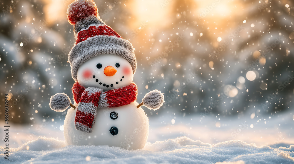 A delightful snowman dressed in a cozy red and grey winter hat and matching scarf stands proudly in a snowy landscape. A delightful snowman dressed in a cozy red and grey winter hat and matching scarf stands proudly in a snowy landscape.