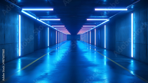 Neon Lights in a Concrete Tunnel 3D Illustration