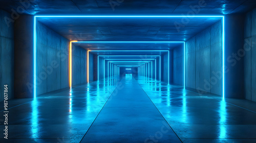 3D Neon Blue and Orange Light Tunnel Illustration