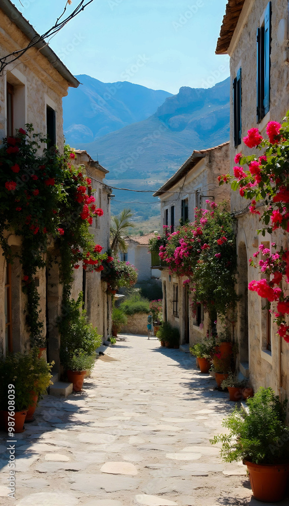 Fototapeta premium A peaceful street in a Cretan village, lined with traditional stone houses, colorful potted plants, and bright bougainvillea flowers climbing the walls under a clear blue sky