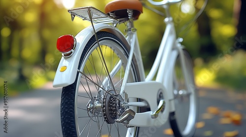 A stylish white bicycle parked on a sunny path, showcasing details of its rear wheel and modern design in a serene outdoor setting. photo