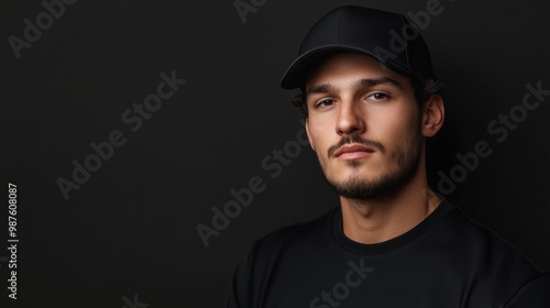 Portrait of a young handsome trendy man wearing a cap of black color. with copy space