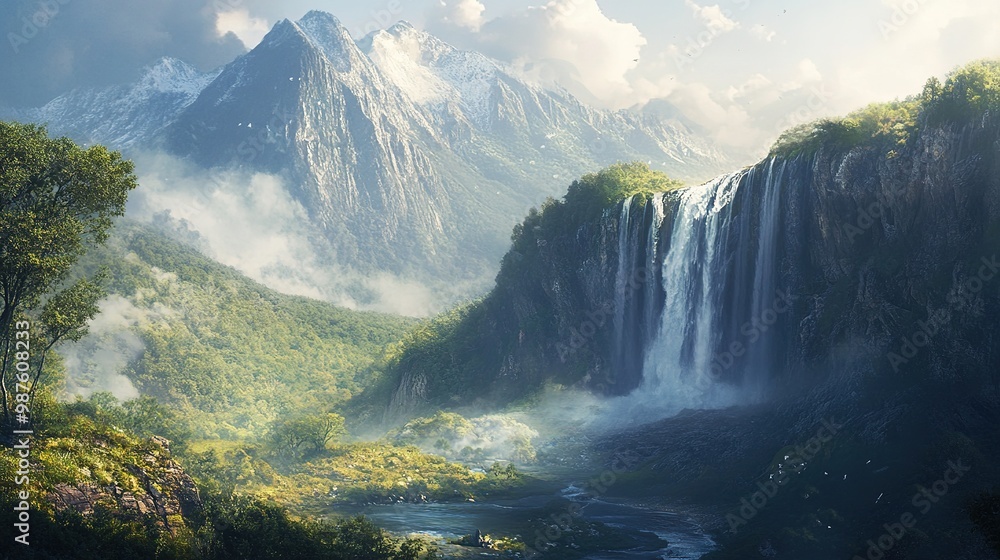 Fototapeta premium Majestic waterfall cascading into a tranquil lake surrounded by lush mountains under a bright blue sky