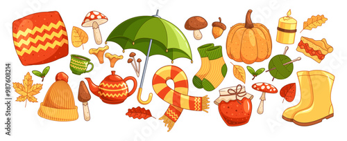 Collection Of Warm Autumn Items Featuring A Green Umbrella, Cozy Hat, Knitted Scarf, Socks, Pumpkin, And Mushrooms