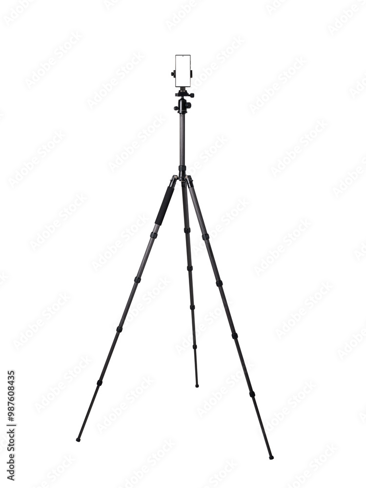 Smartphone on tripod camera stand isolated on white background. Technology concept. Business and finance concept. Advertising and promotion concept. Marketing and online shopping concept. Smartphone on tripod camera stand isolated on white background. Technology concept. Business and finance concept. Advertising and promotion concept. Marketing and online shopping concept.