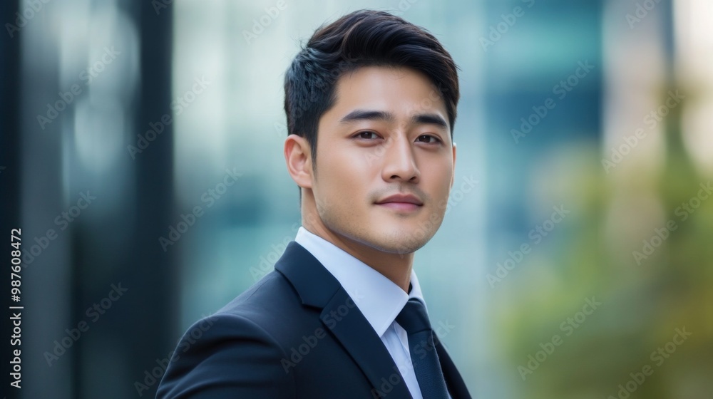 Portrait of an handsome Asian man in suit outdoors with a blurry business center in backdrop. with copy space Portrait of an handsome Asian man in suit outdoors with a blurry business center in backdrop. with copy space