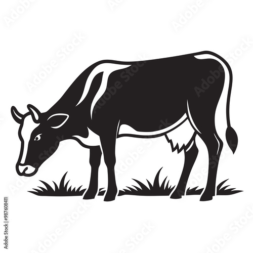 Cow grazing on meadow silhouette vector illustration