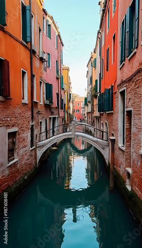 A tiny street beside a canal in Venice, featuring stone buildings with arched windows, narrow pathways, and picturesque gondolas floating on the calm water under an overcast sky.