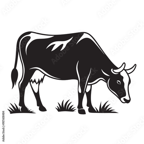 Cow grazing on meadow silhouette vector illustration