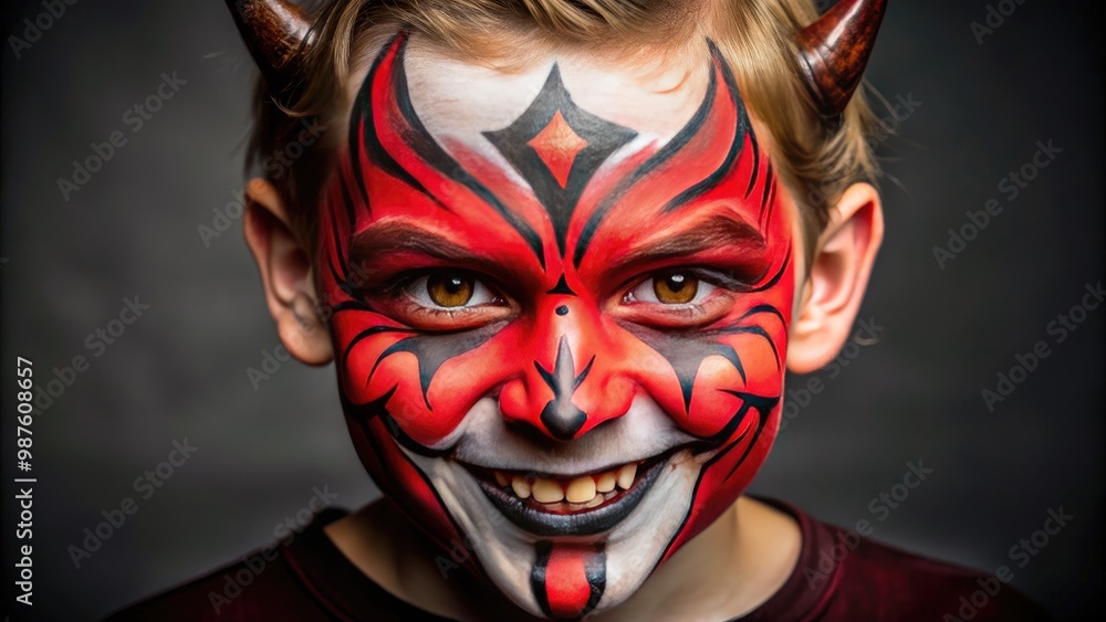 Spooky Halloween devil face painting design features red and black colors, horns, and a wicked grin, perfect for trick-or-treaters and partygoers of all ages. Spooky Halloween devil face painting design features red and black colors, horns, and a wicked grin, perfect for trick-or-treaters and partygoers of all ages.