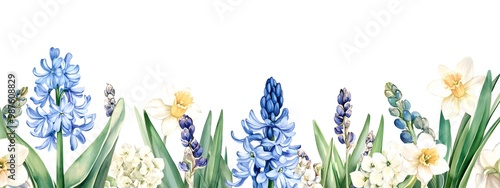 Blue and white flowers, hyacinth border on the right side, watercolor clipart with a solid background