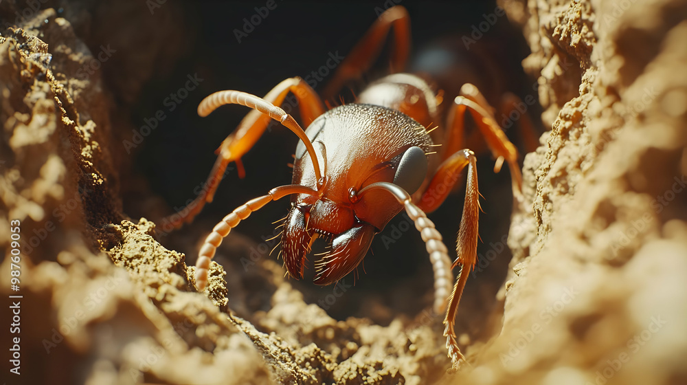 Close-up of a Red Ant Emerging from its Nest - Realistic 3D Image Close-up of a Red Ant Emerging from its Nest - Realistic 3D Image