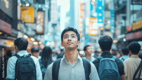 Fototapeta Naklejka Na Ścianę i Meble -  Asian young men walking through a bustling city street.