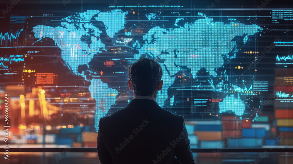 A digital screen displaying global trade routes and shipping data, monitored by a logistics expert A digital screen displaying global trade routes and shipping data, monitored by a logistics expert