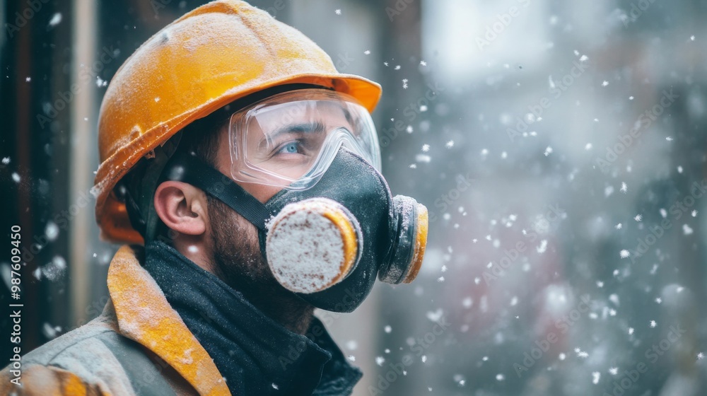 Professional construction worker wearing a high-grade dust mask, surrounded by lot of floating particles of glass wool dust in a construction site Professional construction worker wearing a high-grade dust mask, surrounded by lot of floating particles of glass wool dust in a construction site