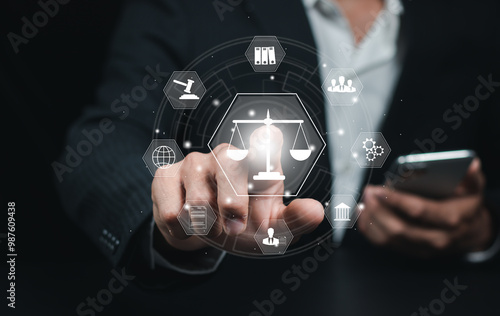 Photos Concepts of law, order, regulation and digital justice, Judgment, Legislature, Litigation, Civil Rights and Social Justice, Cityscape at night