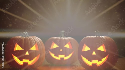 Amazing Halloween decorations background with glowing jack o' lanterns, cobwebs, and flickering candles. Halloween 2024 Celebration Festive photo