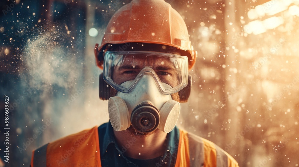 Professional construction worker wearing a high-grade dust mask, surrounded by lot of floating particles of glass wool dust in a construction site Professional construction worker wearing a high-grade dust mask, surrounded by lot of floating particles of glass wool dust in a construction site