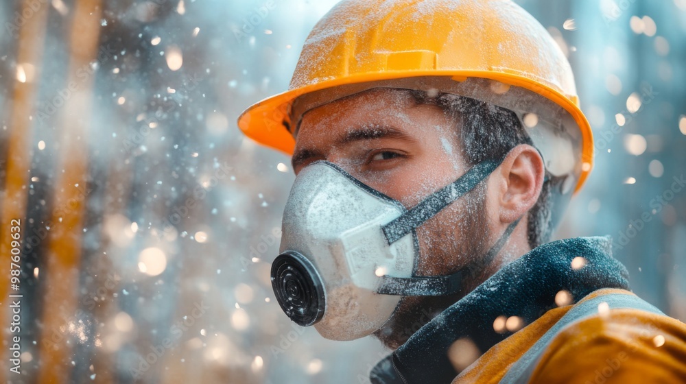 Professional construction worker wearing a high-grade dust mask, surrounded by lot of floating particles of glass wool dust in a construction site Professional construction worker wearing a high-grade dust mask, surrounded by lot of floating particles of glass wool dust in a construction site