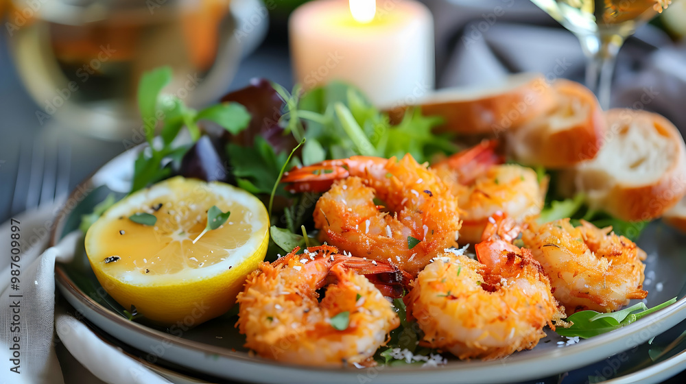 Crispy Coconut Shrimp with Salad and Garlic Bread Crispy Coconut Shrimp with Salad and Garlic Bread