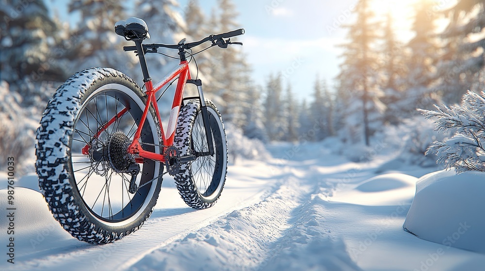 A vibrant mountain bike resting on a snowy trail in a serene winter landscape, surrounded by tall pine trees and sunlight. A vibrant mountain bike resting on a snowy trail in a serene winter landscape, surrounded by tall pine trees and sunlight.
