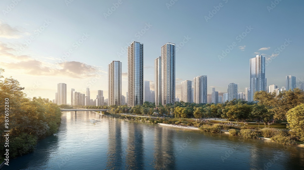 A wide-angle view of elegant high-rise towers standing by a river, framed by lush riverside parks and the flowing river, highlighting the blend of nature and urbanity A wide-angle view of elegant high-rise towers standing by a river, framed by lush riverside parks and the flowing river, highlighting the blend of nature and urbanity