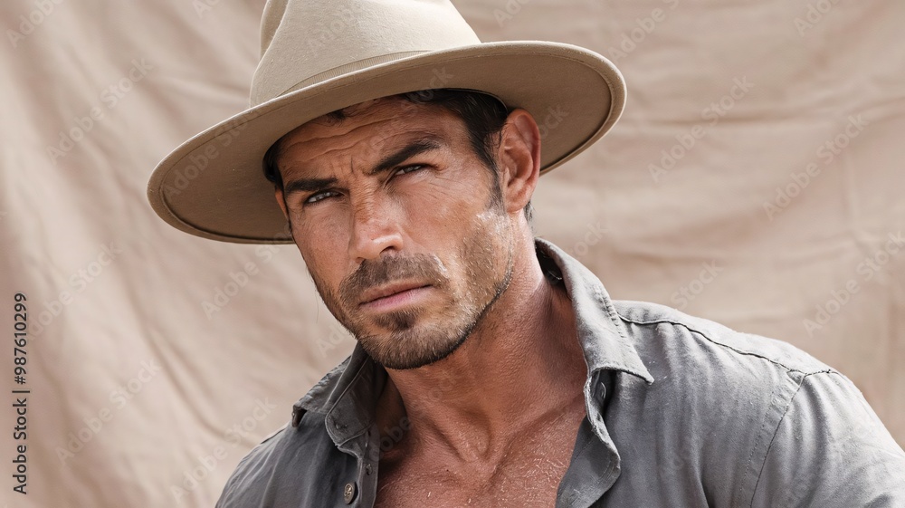 A ruggedly handsome man with sun-kissed skin, his bold features and piercing gaze making for a captivating portrait A ruggedly handsome man with sun-kissed skin, his bold features and piercing gaze making for a captivating portrait