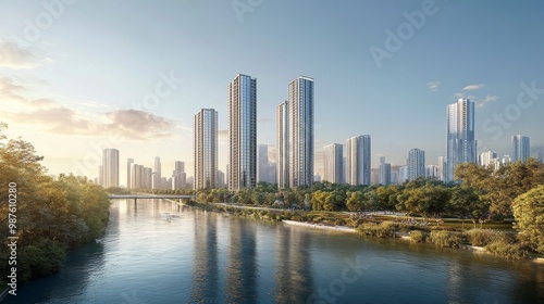 A wide-angle view of elegant high-rise towers standing by a river, framed by lush riverside parks and the flowing river, highlighting the blend of nature and urbanity