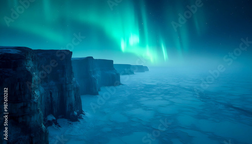 Majestic cliffs towering over a vast frozen sea, illuminated by the soft glow of the Northern Lights dancing across the night sky. The icy landscape stretches endlessly beneath the vibrant auroras