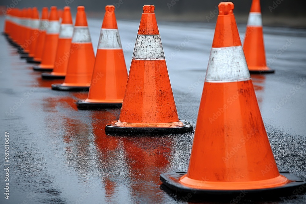 Traffic cones mark a slick road, signifying a construction zone in the early morning Traffic cones mark a slick road, signifying a construction zone in the early morning