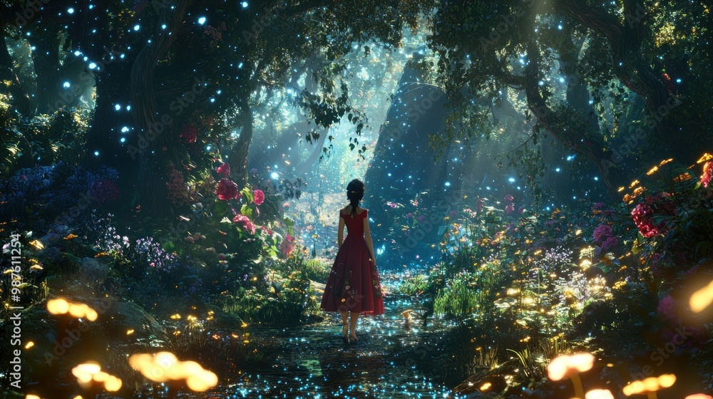 Fototapeta premium Enchanting Fantasy Forest Walk at Twilight with Glowing Lights