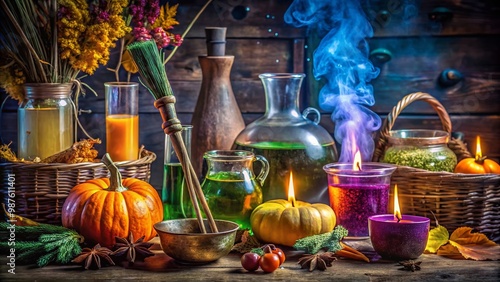 Colorful Hocus Pocus Clip Art Featuring Magical Elements, Broomsticks, Potions, and Spooky Icons photo