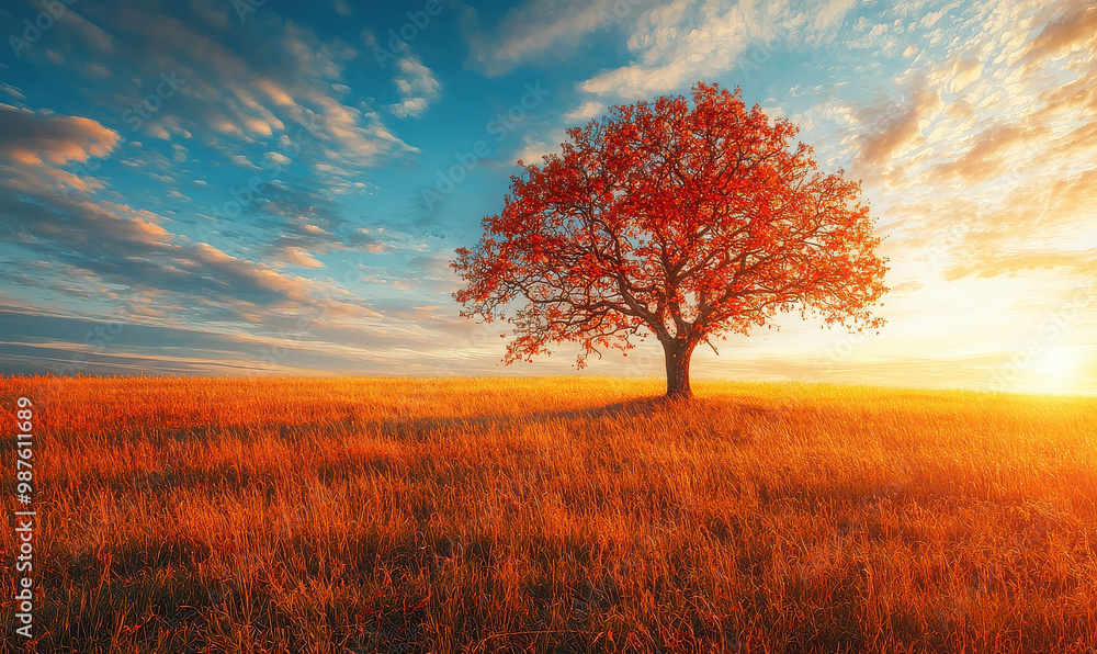 Fototapeta premium A magnificent solitary tree stands tall in an endless golden field, with the dramatic sky at sunset casting a warm, captivating glow, evoking feelings of solitude and beauty.