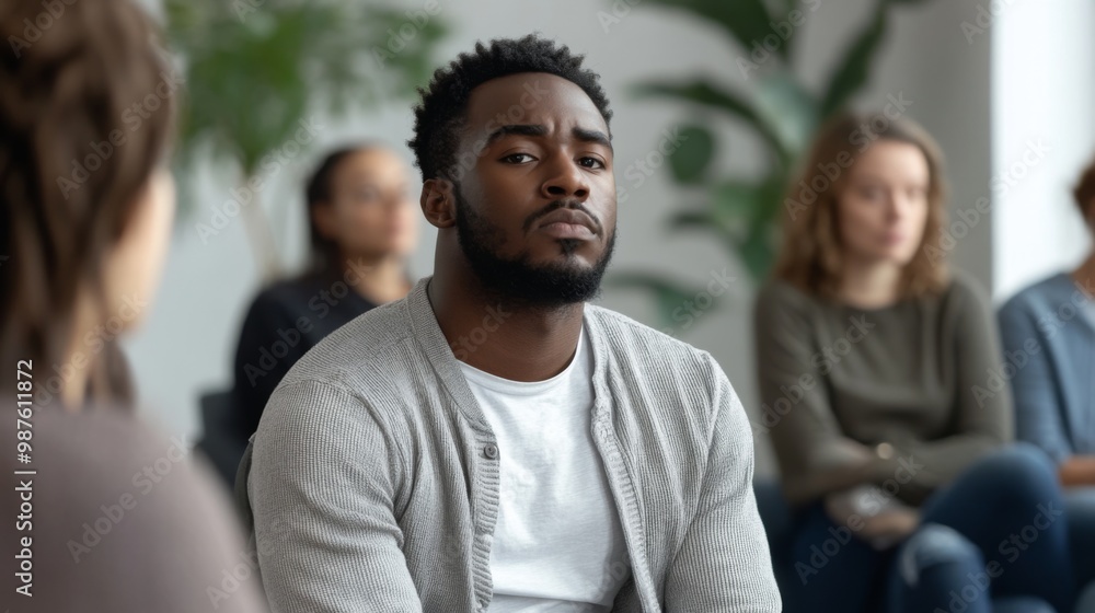 Sad anxiety depressed black man at support group meeting for mental health and addiction issues in anonymous community space with many people around Sad anxiety depressed black man at support group meeting for mental health and addiction issues in anonymous community space with many people around