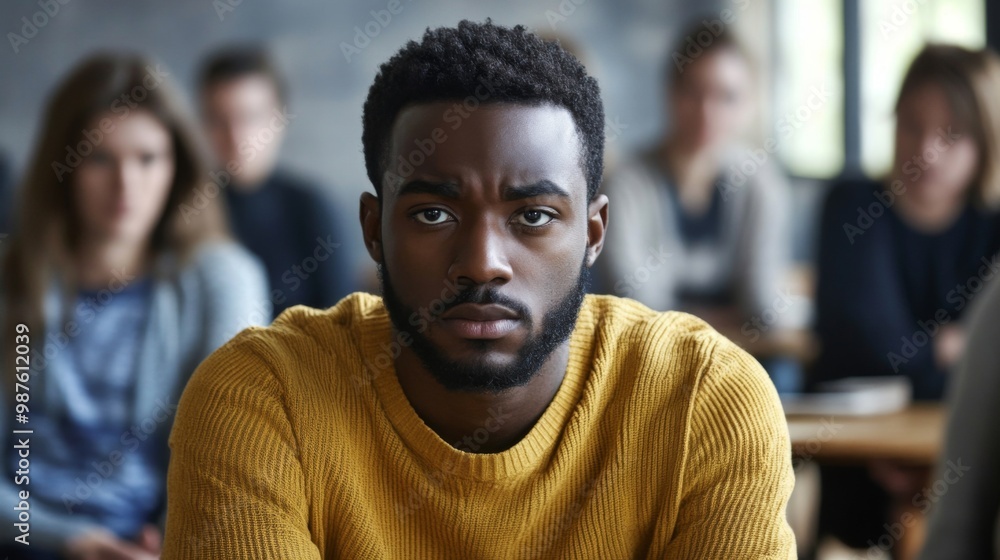 Sad anxiety depressed black man at support group meeting for mental health and addiction issues in anonymous community space with many people around Sad anxiety depressed black man at support group meeting for mental health and addiction issues in anonymous community space with many people around