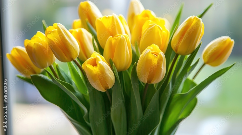 Bouquet of yellow tulips in a vase, presenting a cheerful and elegant floral arrangement. Bouquet of yellow tulips in a vase, presenting a cheerful and elegant floral arrangement.