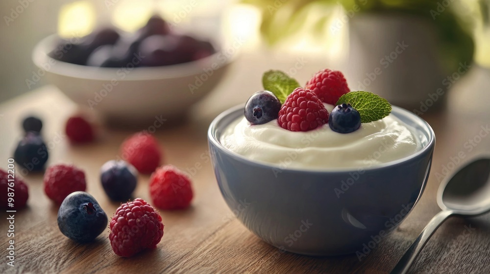 Breakfast table with a bowl of yogurt and a side of berries, highlighting a balanced morning meal. Breakfast table with a bowl of yogurt and a side of berries, highlighting a balanced morning meal.
