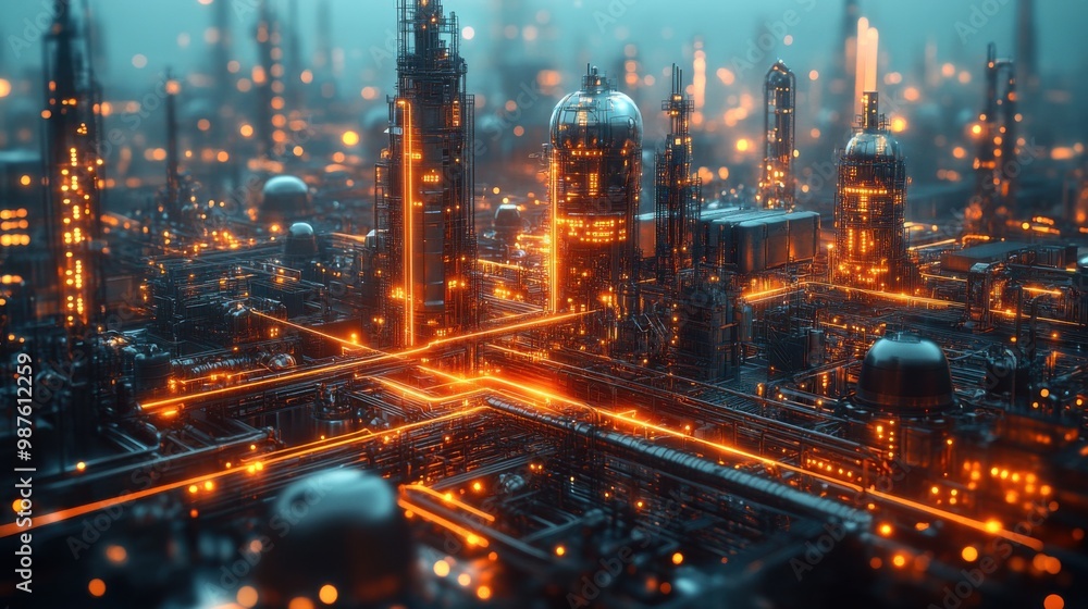 A Futuristic Cityscape of Glowing Pipes and Towers A Futuristic Cityscape of Glowing Pipes and Towers