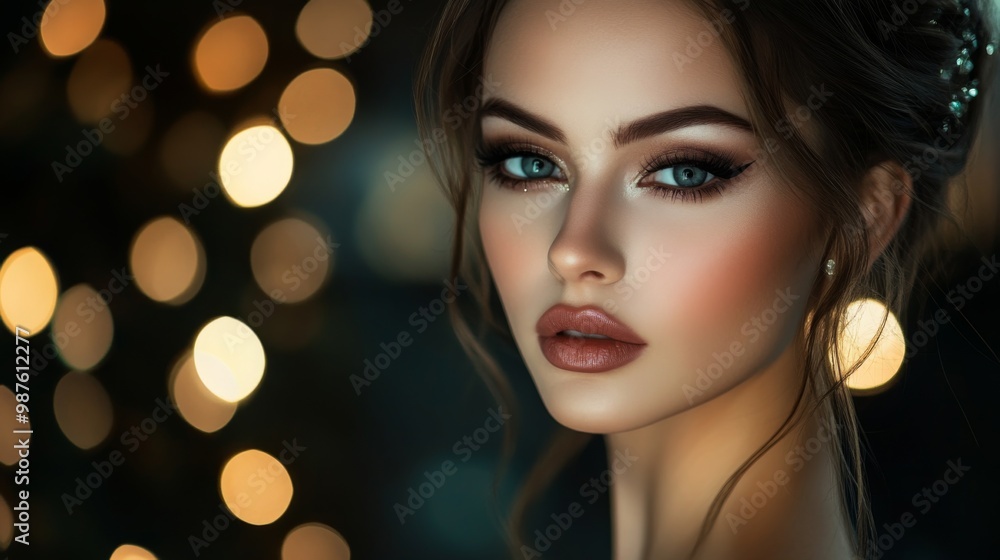 A woman with an elegant evening makeup look, including smoky eyes and a glossy lip, captured in a sophisticated setting with soft, ambient lighting highlighting her style. A woman with an elegant evening makeup look, including smoky eyes and a glossy lip, captured in a sophisticated setting with soft, ambient lighting highlighting her style.