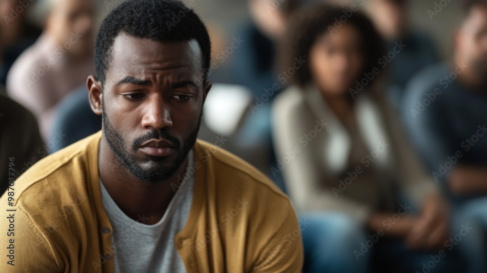 Sad anxiety depressed black man at support group meeting for mental health and addiction issues in anonymous community space with many people around Sad anxiety depressed black man at support group meeting for mental health and addiction issues in anonymous community space with many people around