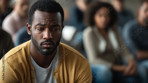 Sad anxiety depressed black man at support group meeting for mental health and addiction issues in anonymous community space with many people around